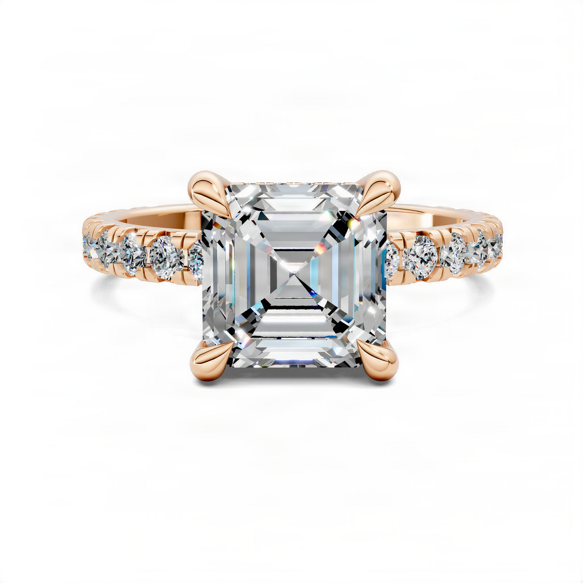 Rose gold Asscher-style engagement ring with large square center stone and side diamonds