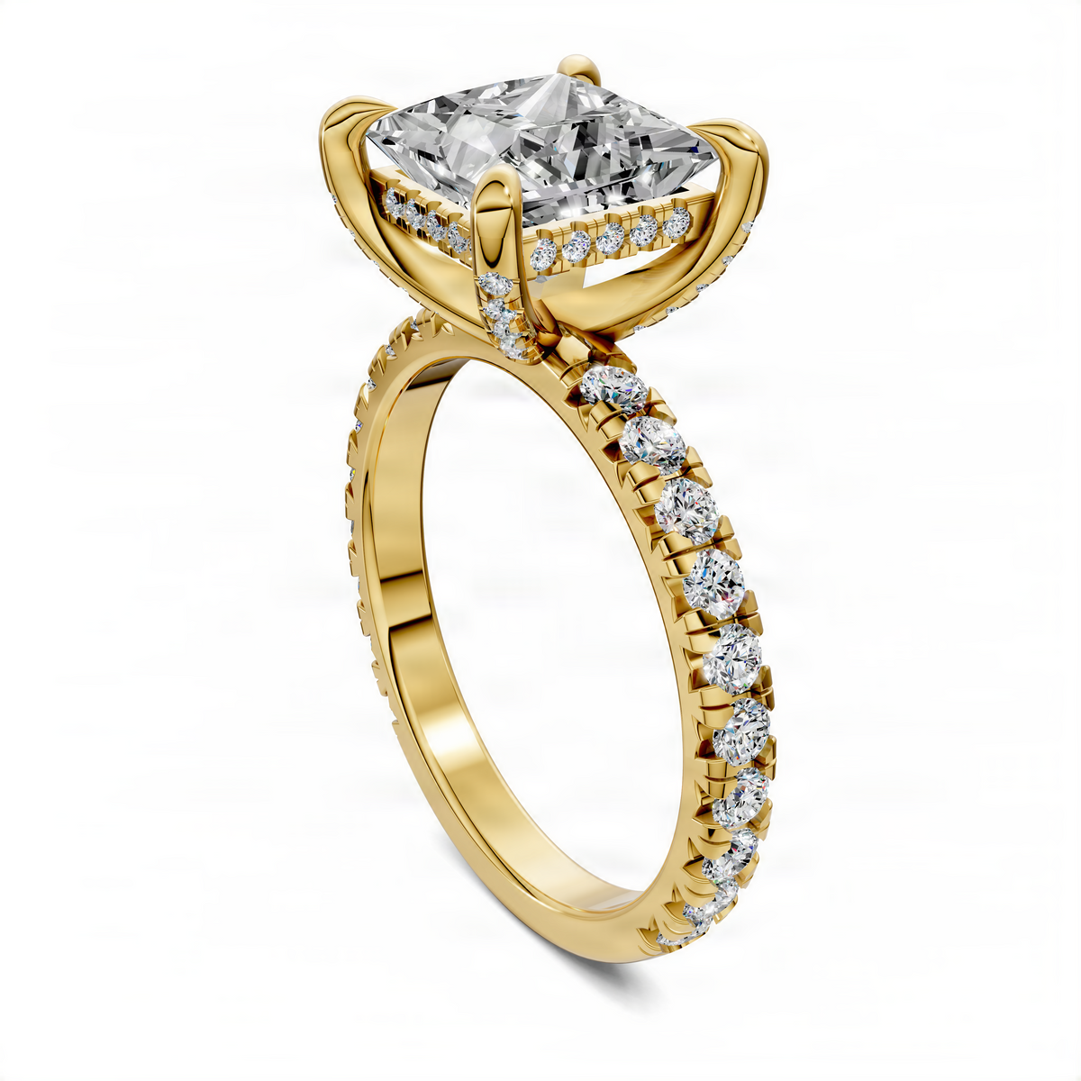 Princess-cut diamond accent ring in yellow gold with pavé diamond band