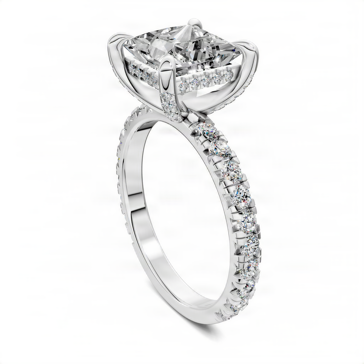 Princess-cut diamond ring with pavé diamond band