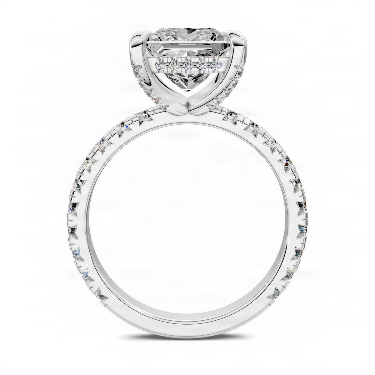 Princess cut diamond ring with pavé band and split-shank setting