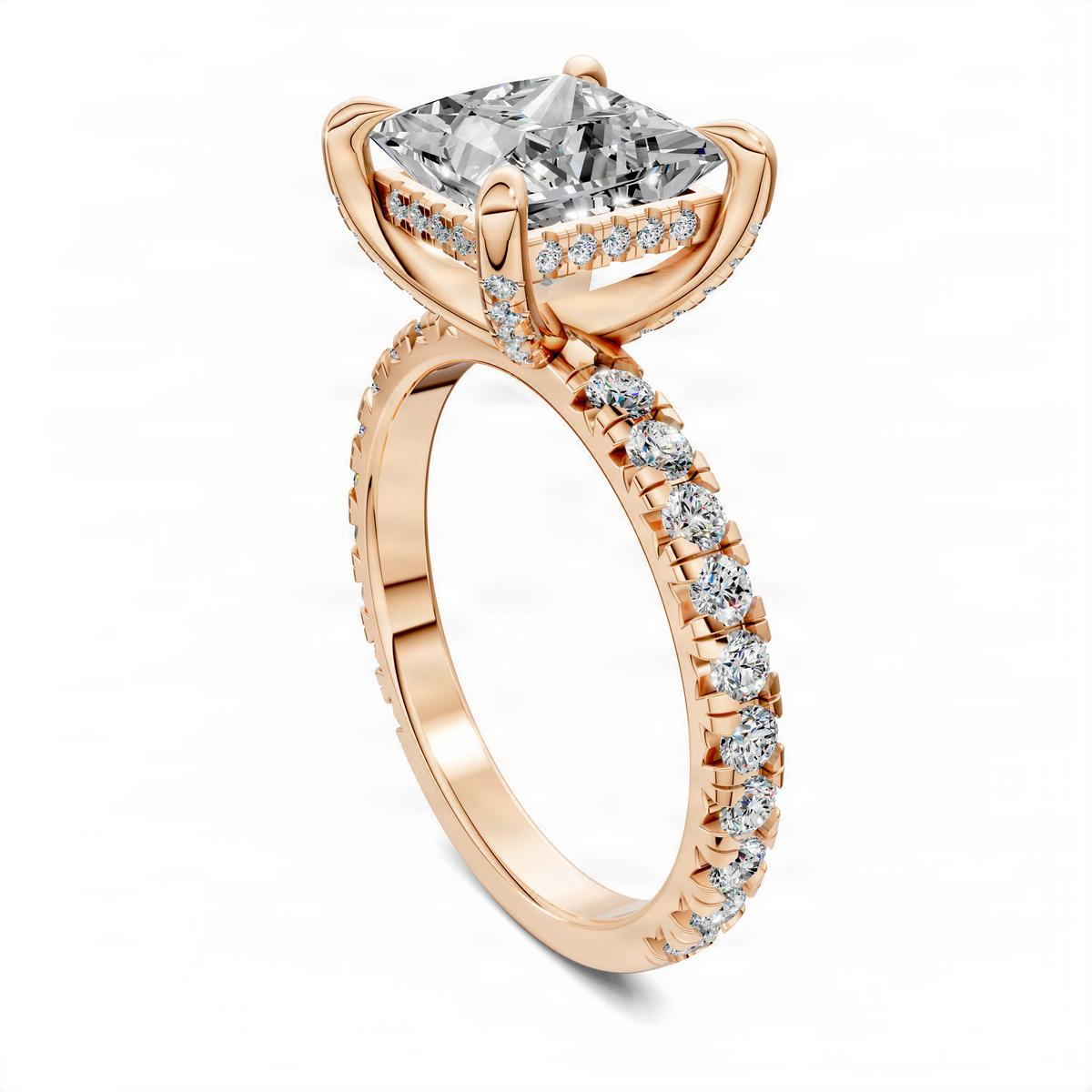 Opes princess-cut halo accent ring in rose gold with pavé diamonds