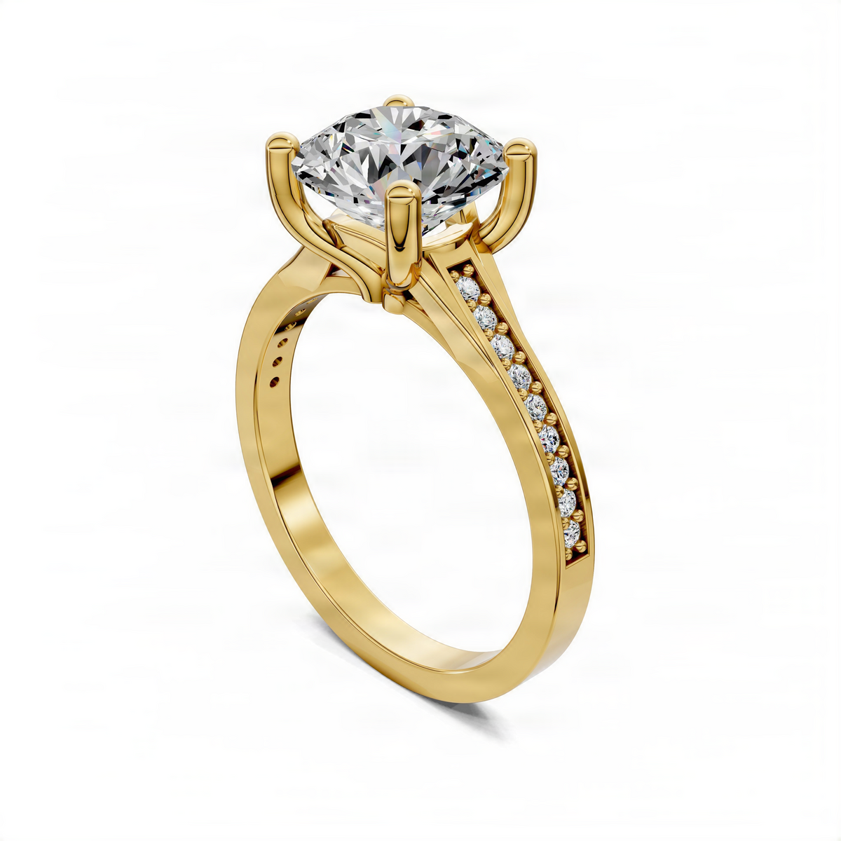 Yellow gold engagement ring with pavé band and round center stone