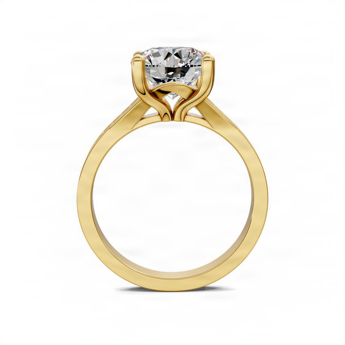 Yellow gold engagement ring with round center stone and sculpted split shank side profile