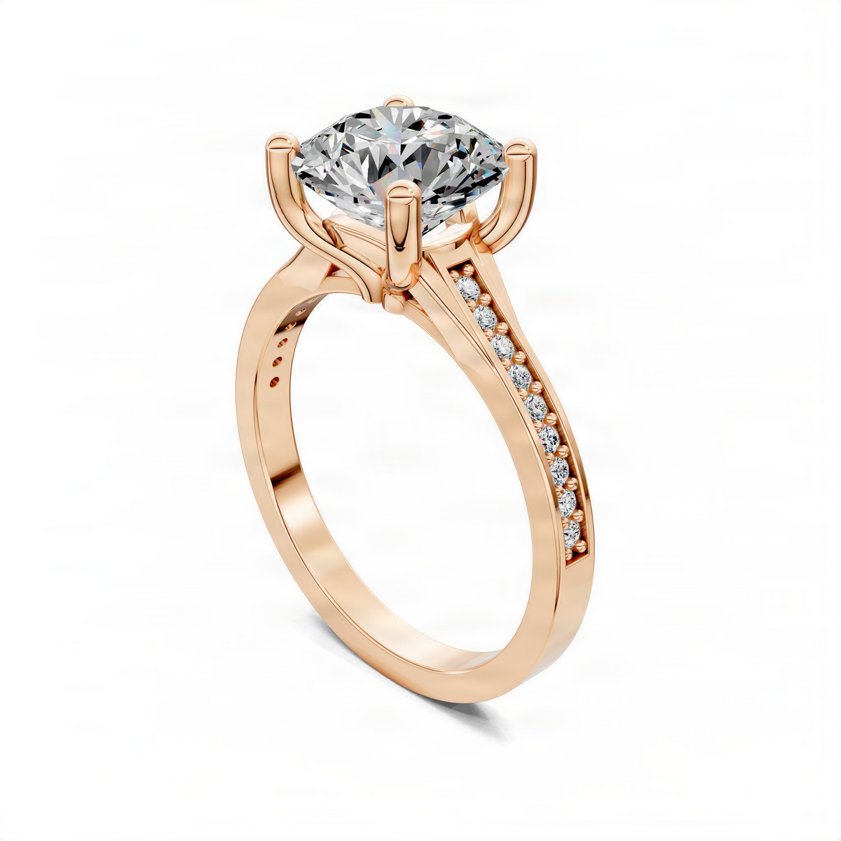 Round pavé engagement ring in rose gold with prong-set center stone