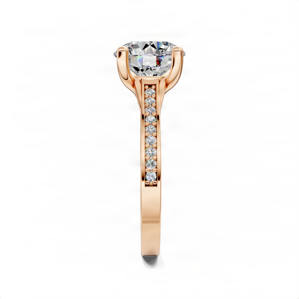 Round pavé engagement ring in rose gold, side view, with round center stone