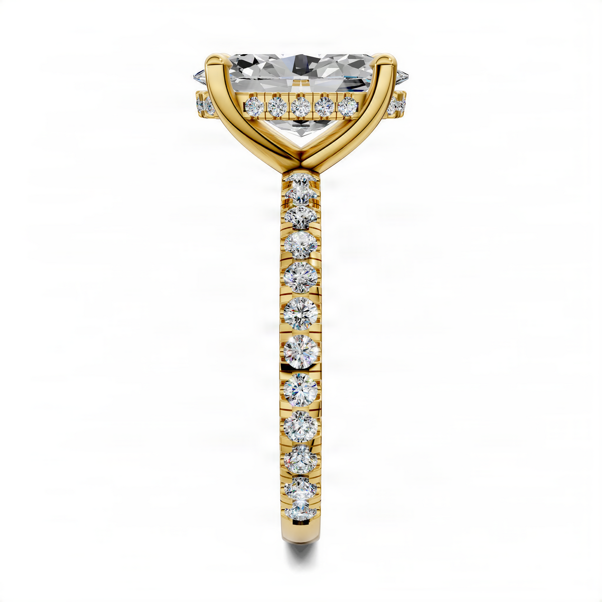 Yellow gold hidden halo pave ring with oval center stone