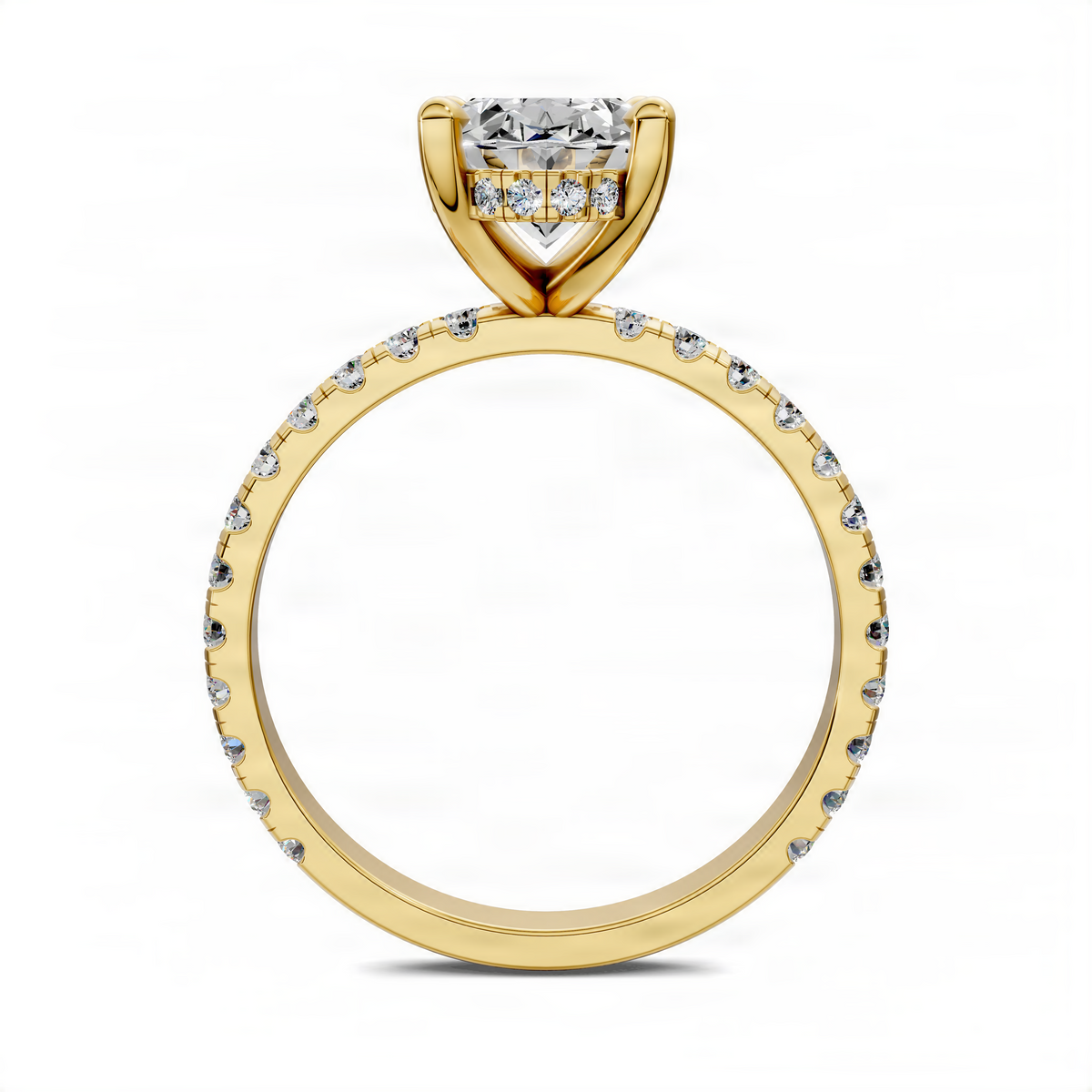 Yellow gold ring with round center stone, hidden halo, and pavé band