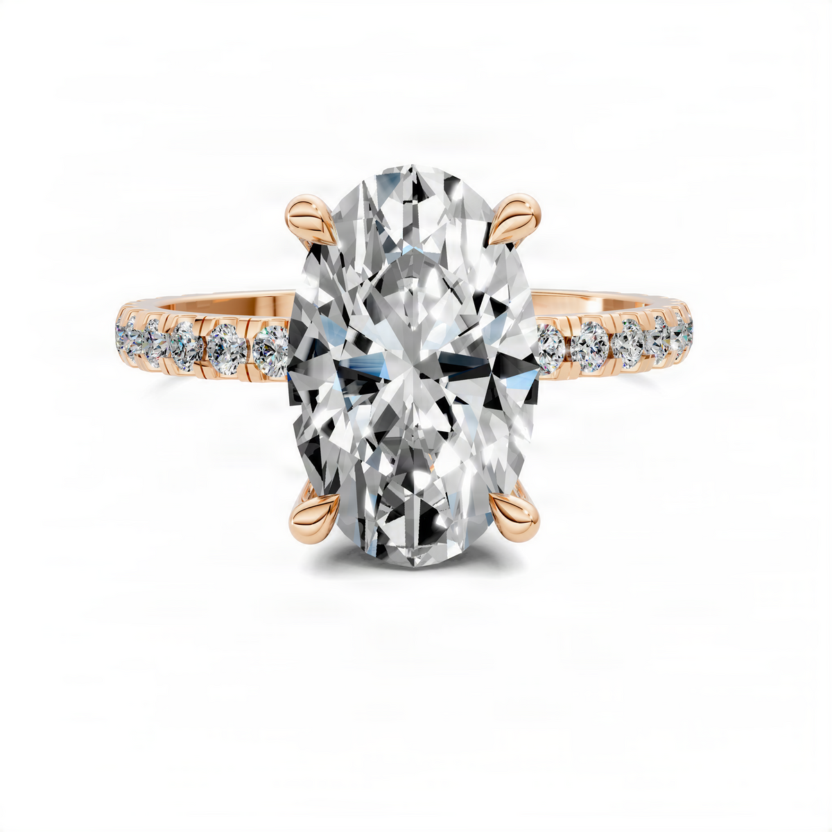 Oval diamond ring with hidden halo and pavé band in yellow gold