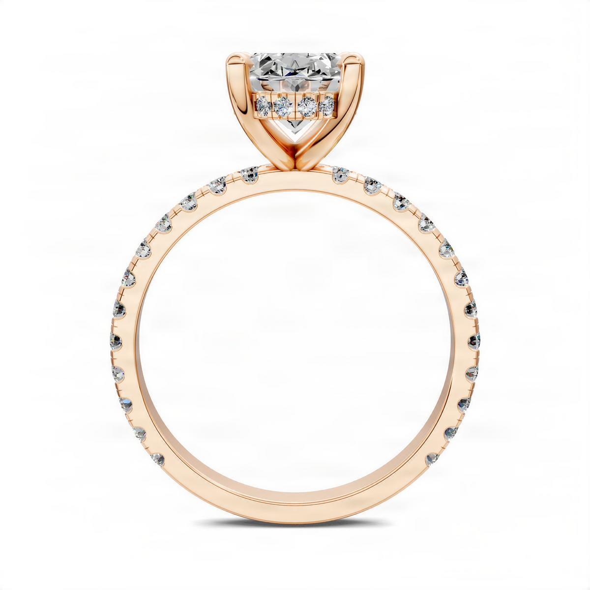Yellow gold ring with round center stone, hidden halo, and pavé band