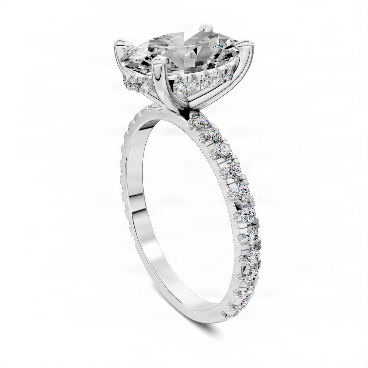 White gold ring with oval center stone, hidden halo, and pavé band