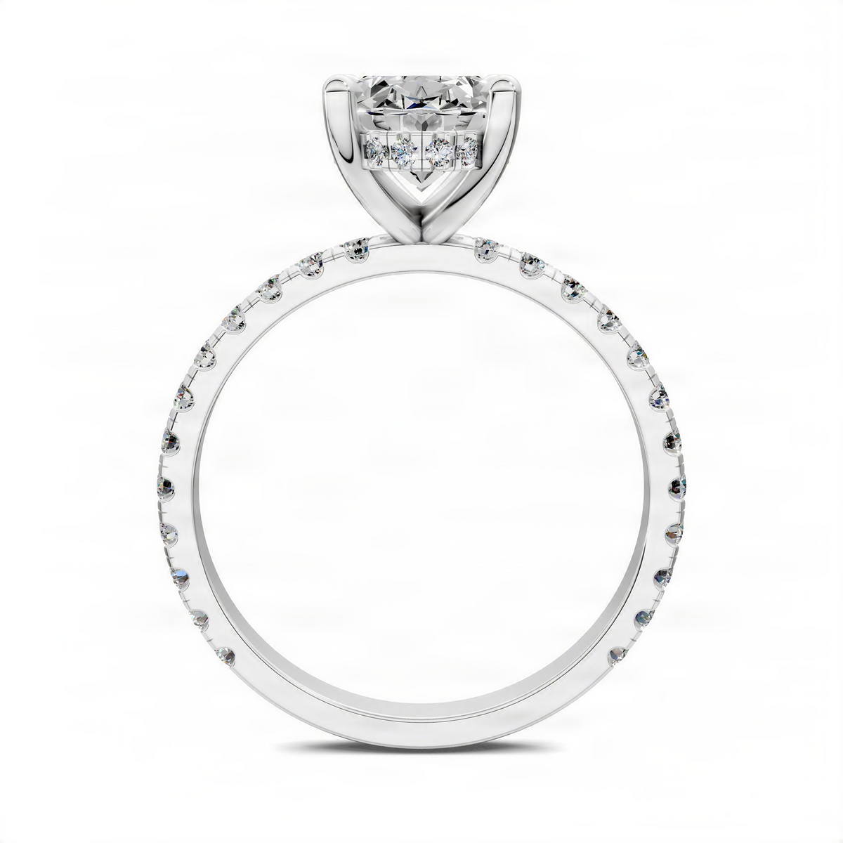 White gold ring with round center stone and pavé band