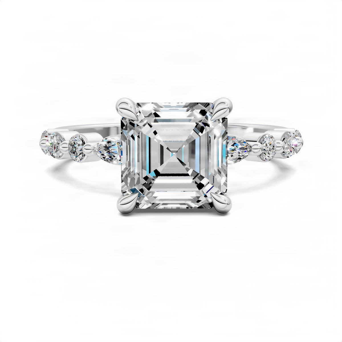 White metal Asscher-cut center ring with marquise side stones and round accents