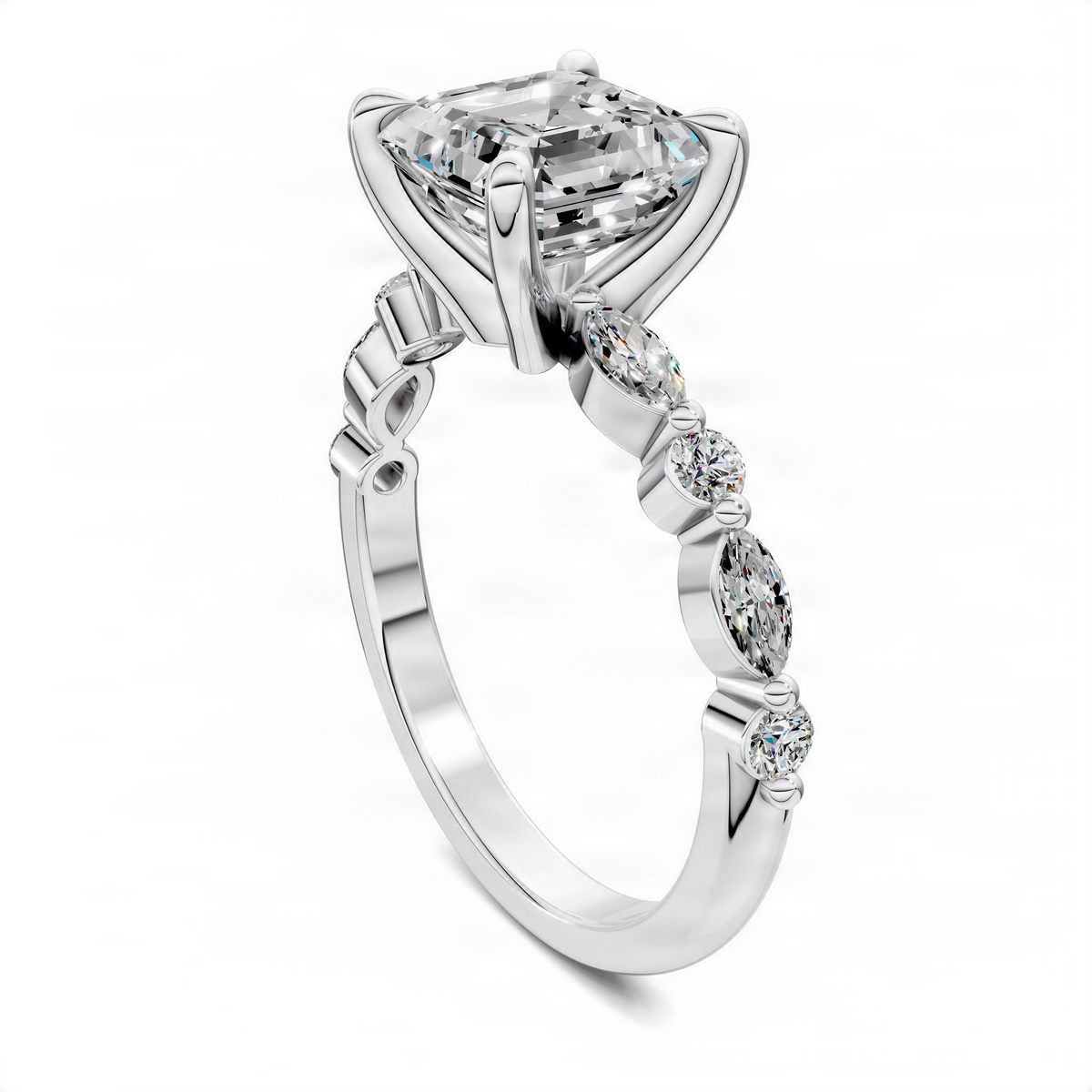 White metal marquise accent ring with Asscher-cut center and round stone details