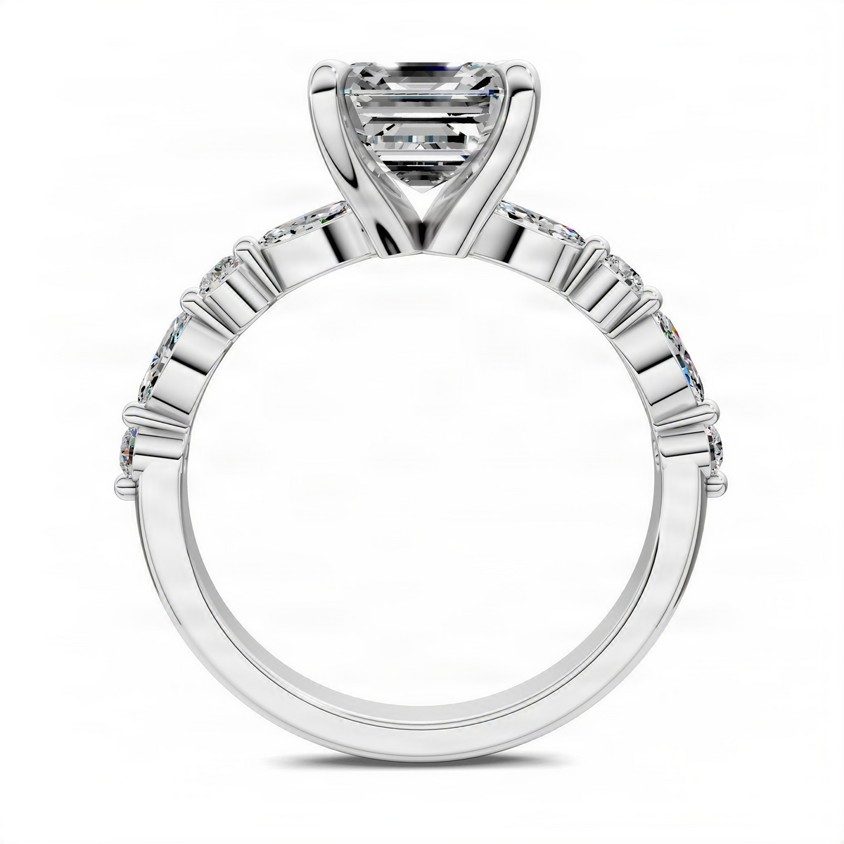 White gold engagement ring with marquise center stone and baguette side stones