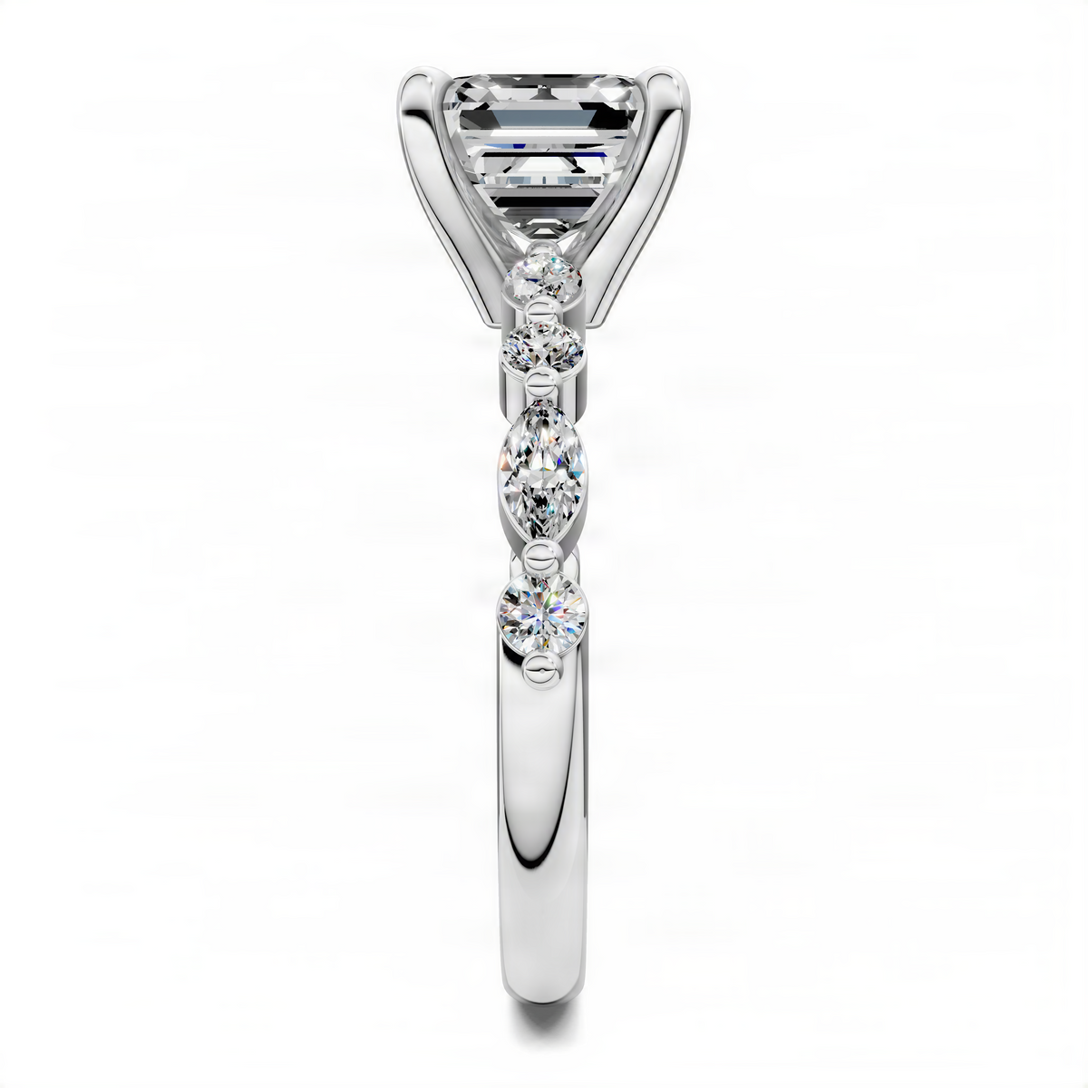 White metal marquise accent ring with Asscher-cut center and round side stones