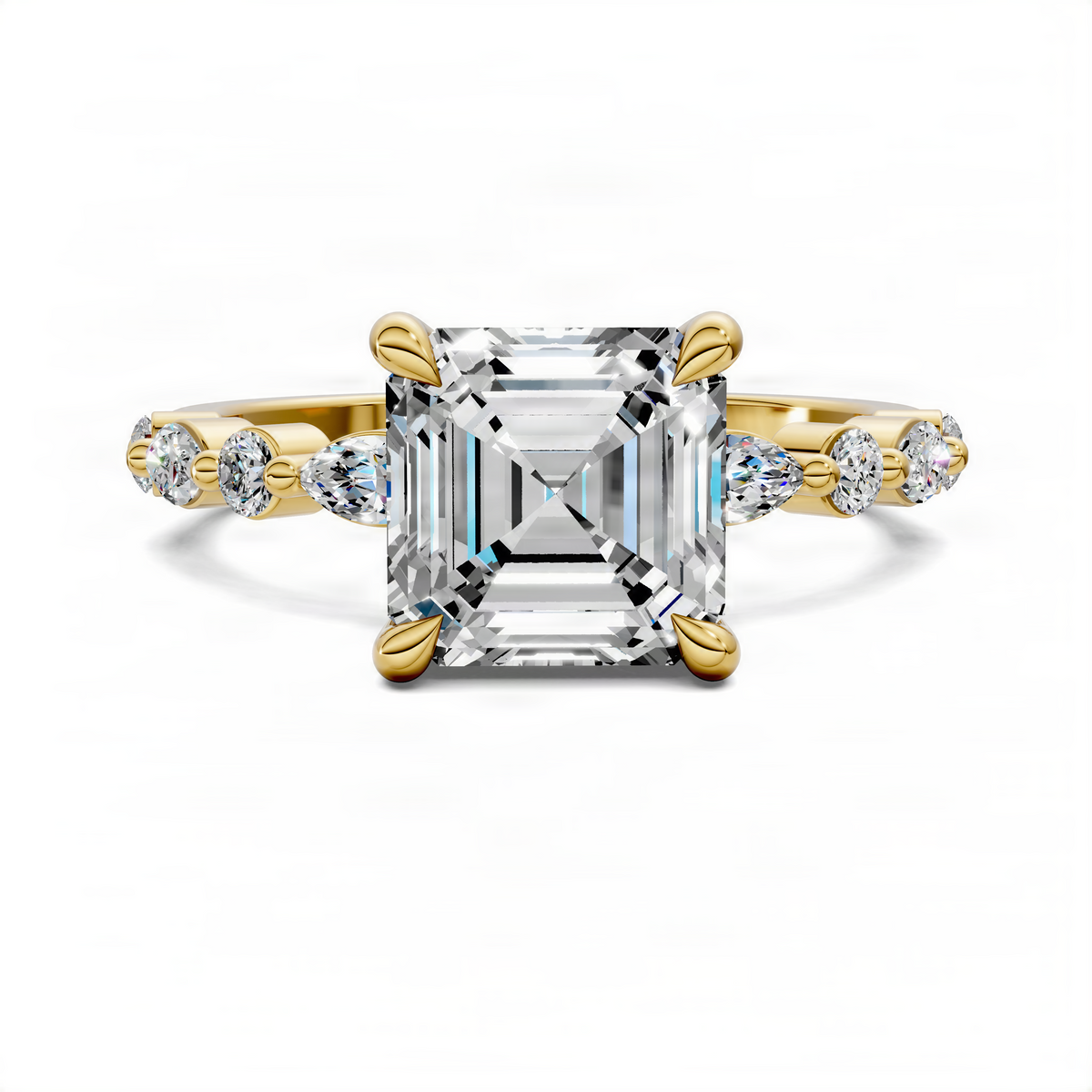 Yellow gold Asscher-cut center ring with marquise side stones and round accents