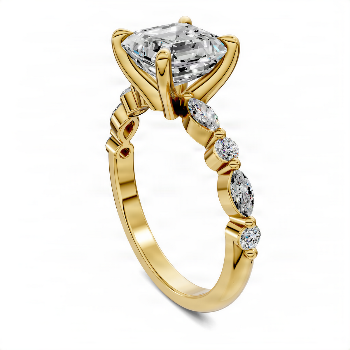 Yellow gold Asscher-cut center ring with marquise accents and round side stones