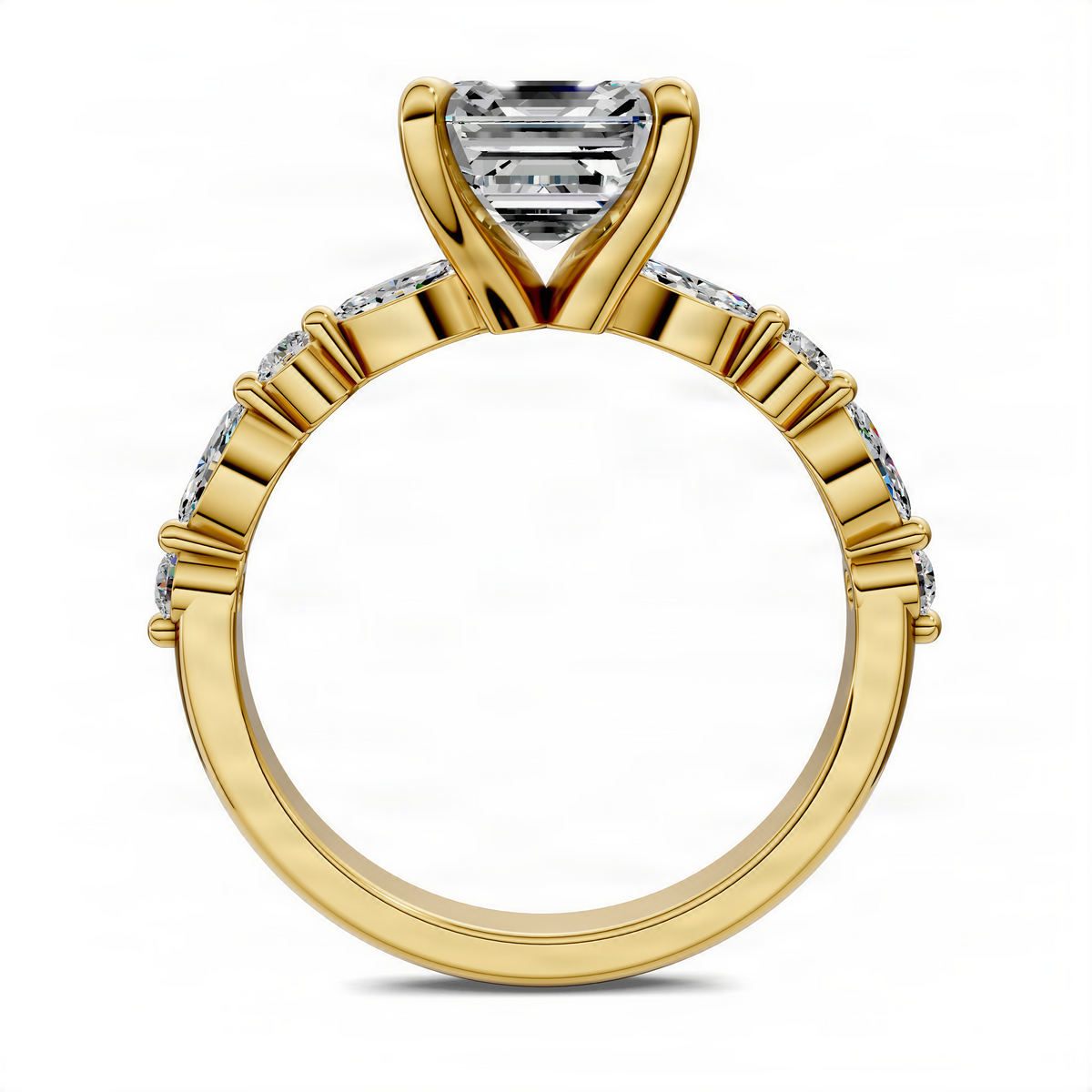 Yellow gold Asscher-cut center ring with marquise side stone accents on band