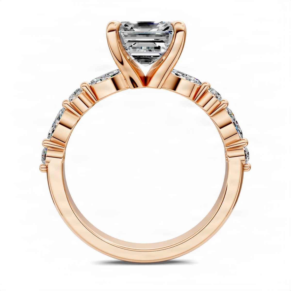Rose gold Asscher-cut center ring with marquise accents on slender band