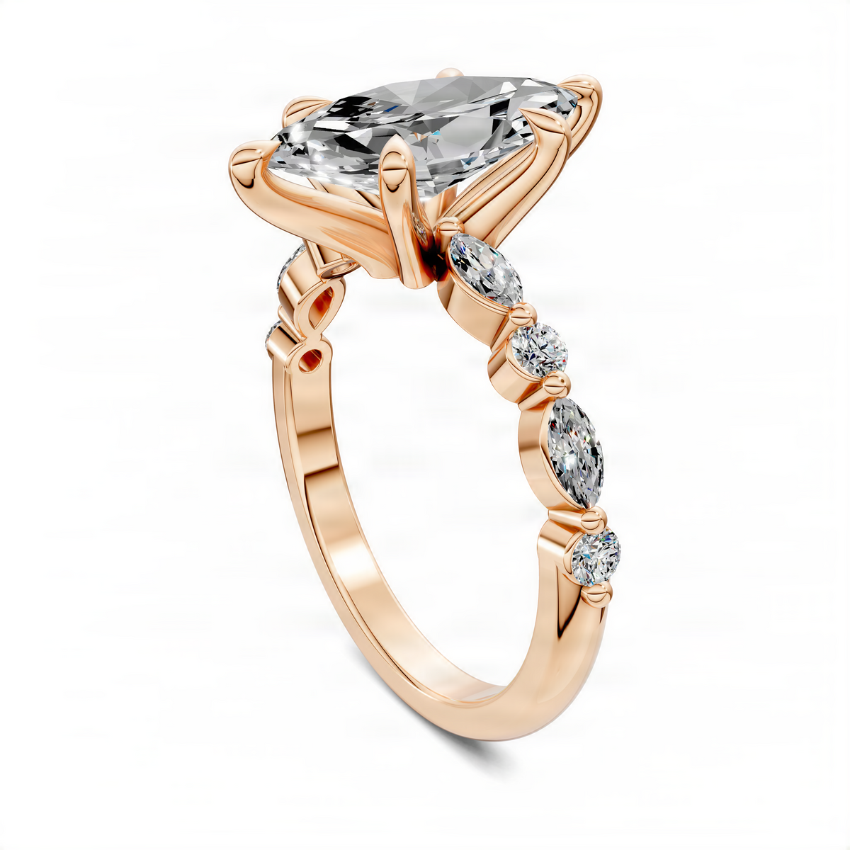 Marquise-cut center gemstone ring with round side diamonds in gold prong setting
