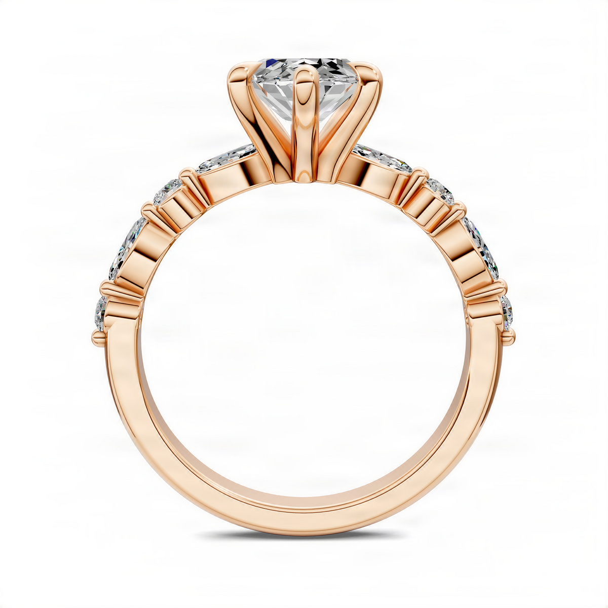 Rose gold ring band with marquise center mount and small round accent diamonds
