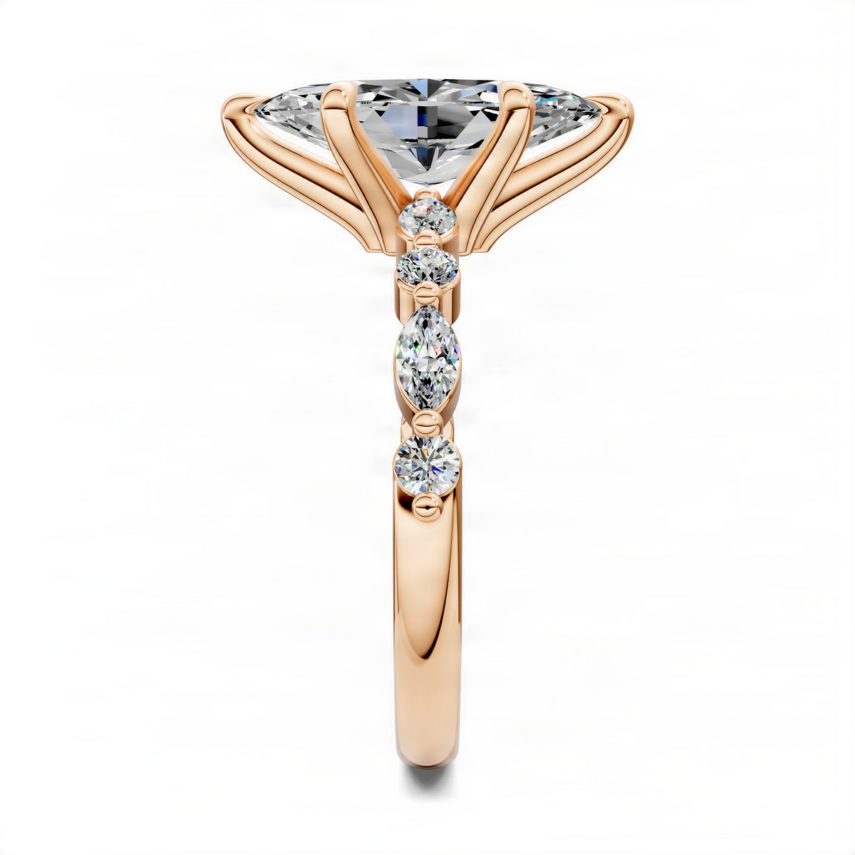 Rose gold marquise accent ring with oval/pear center and round stone accents