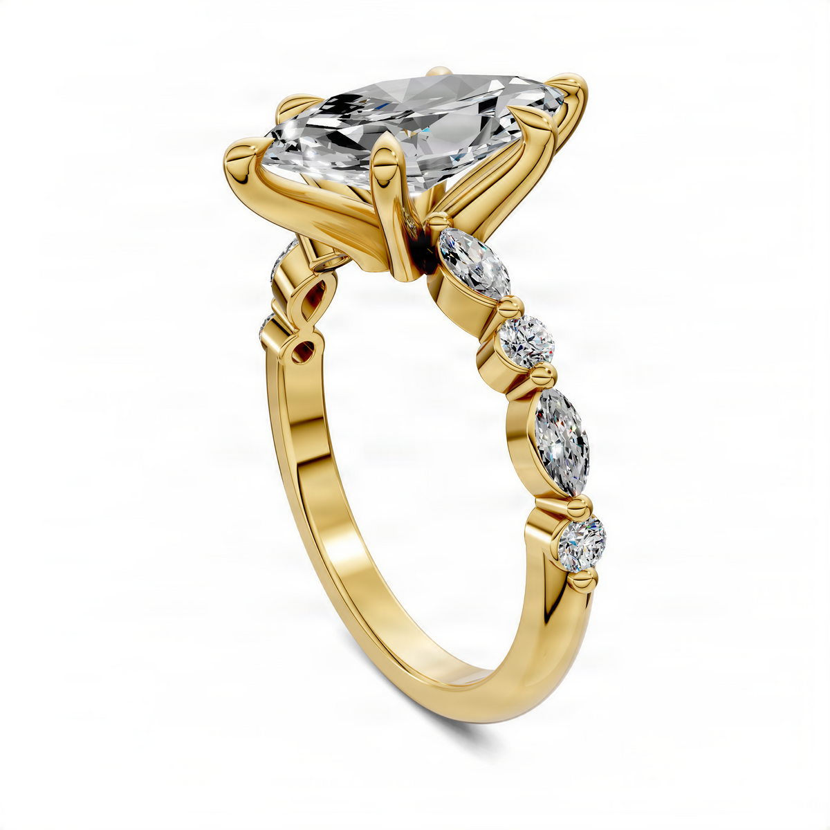 Marquise-cut center gemstone ring with round side diamonds in yellow gold prongs