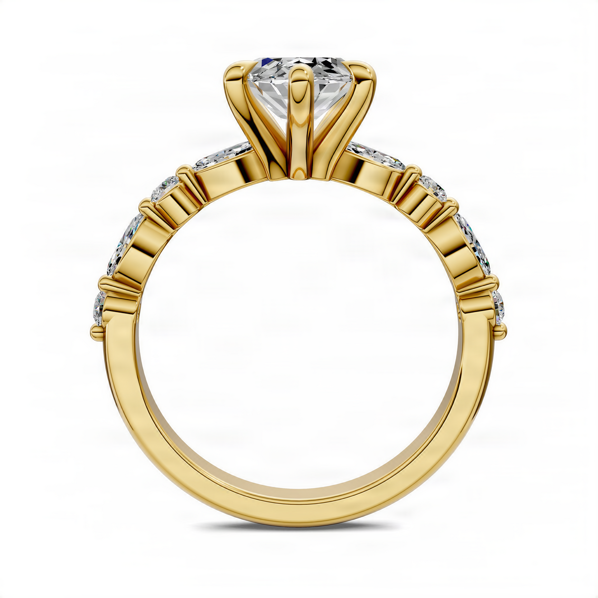 Yellow gold ring band with marquise center mount and small round accent diamonds