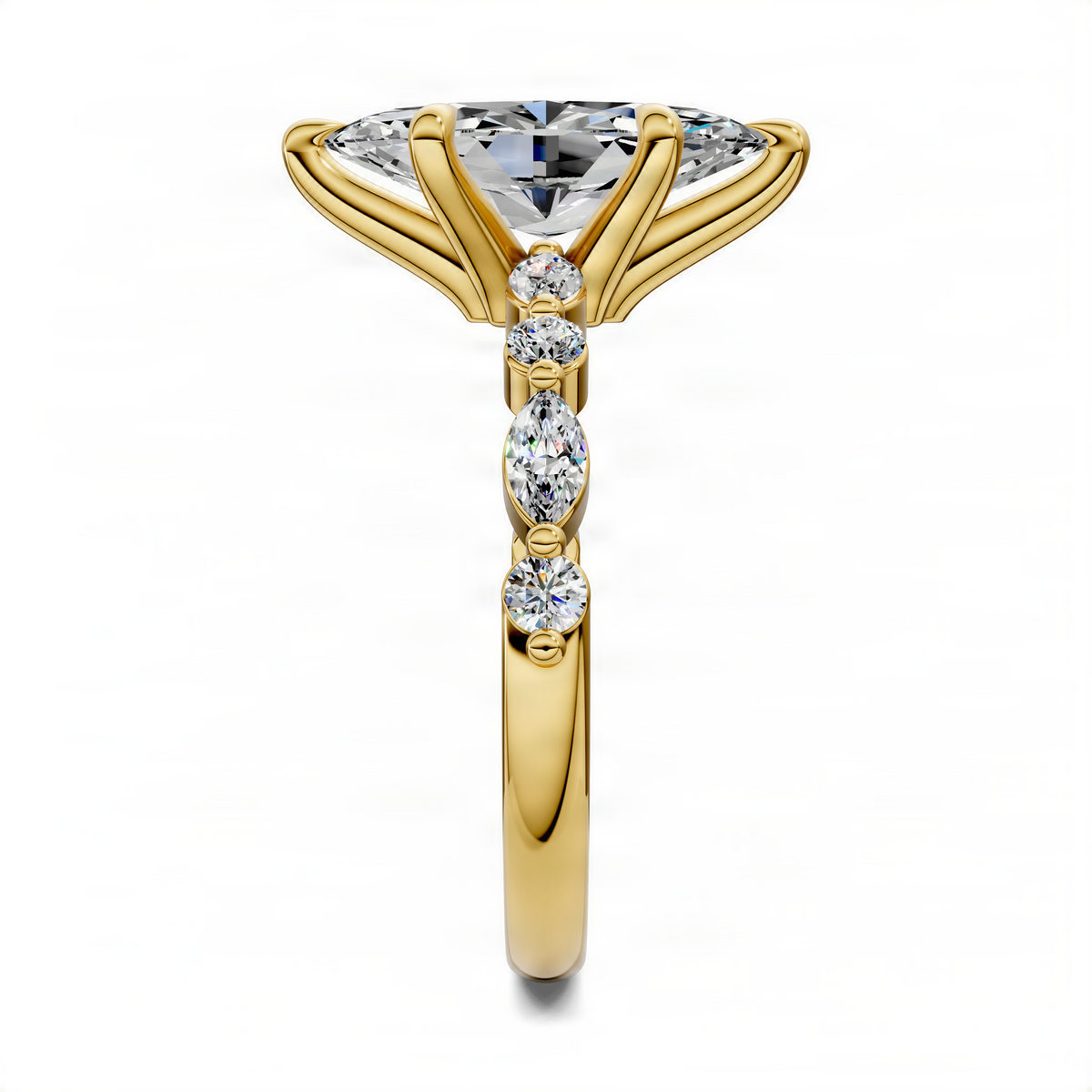 Yellow gold marquise engagement ring with dangling round diamond accents