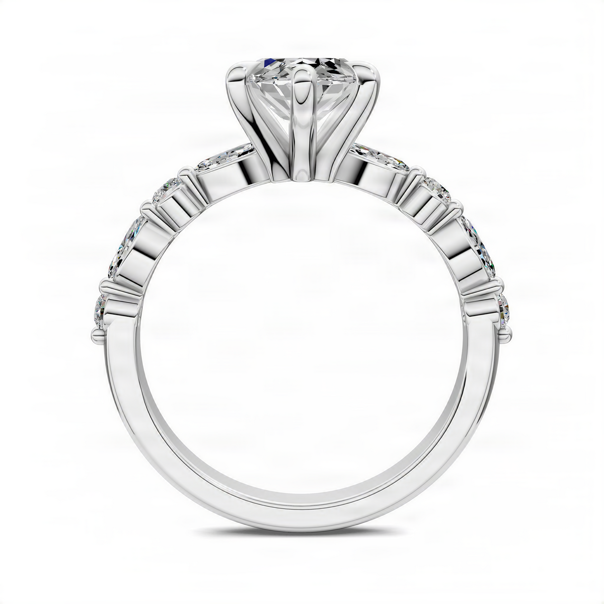 Gold prong ring band with marquise center mount and row of small accent diamonds