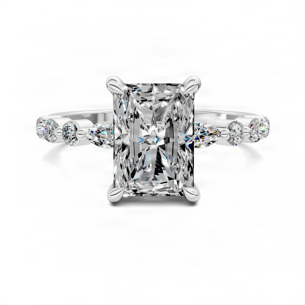 Platinum-tone radiant accent ring with square-cut center and round side stones