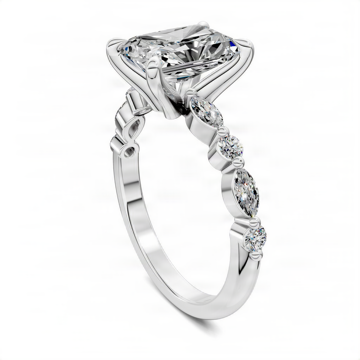 Platinum-tone radiant accent ring with oval center and side diamond accents