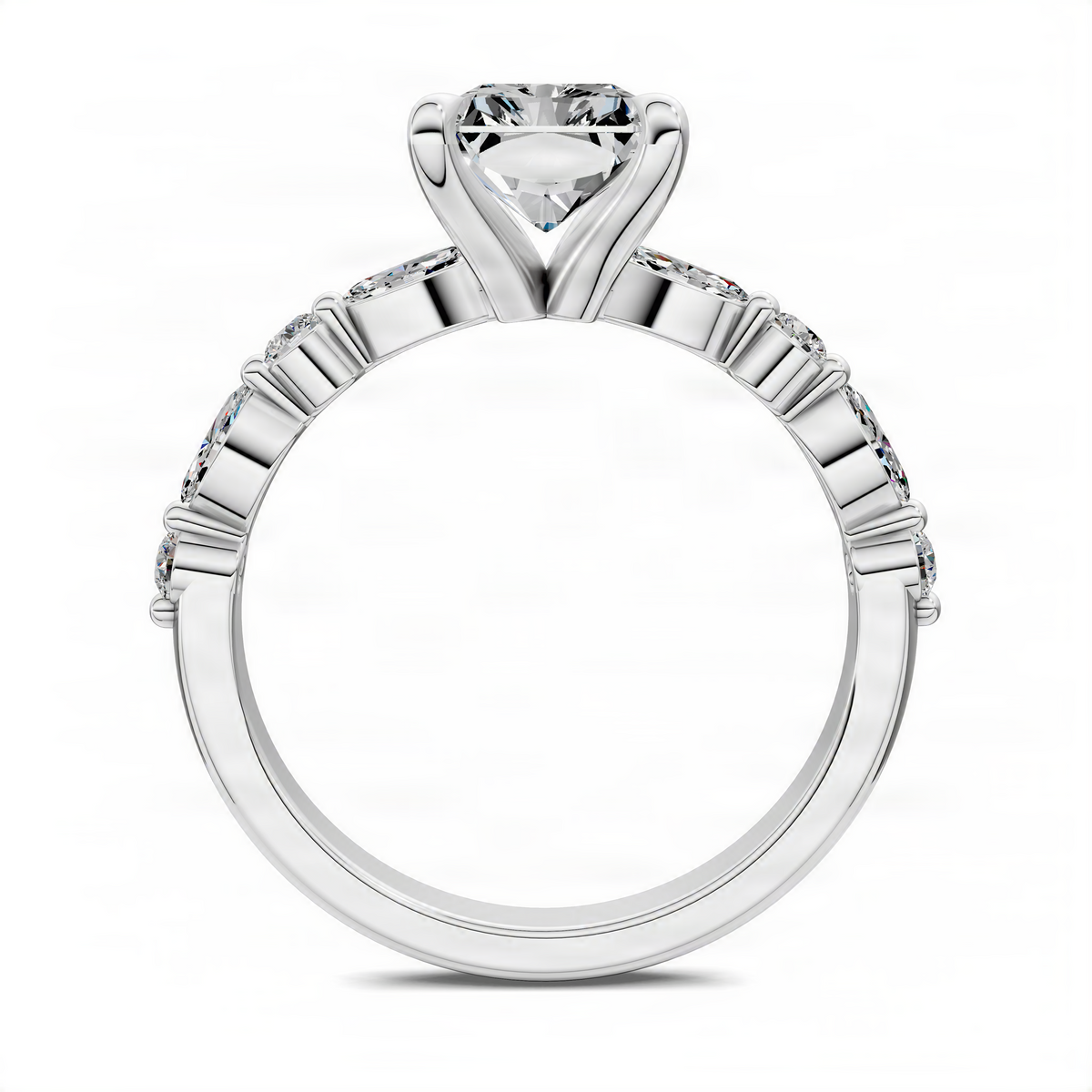 Platinum-tone radiant accent ring with oval center and gem-accented band