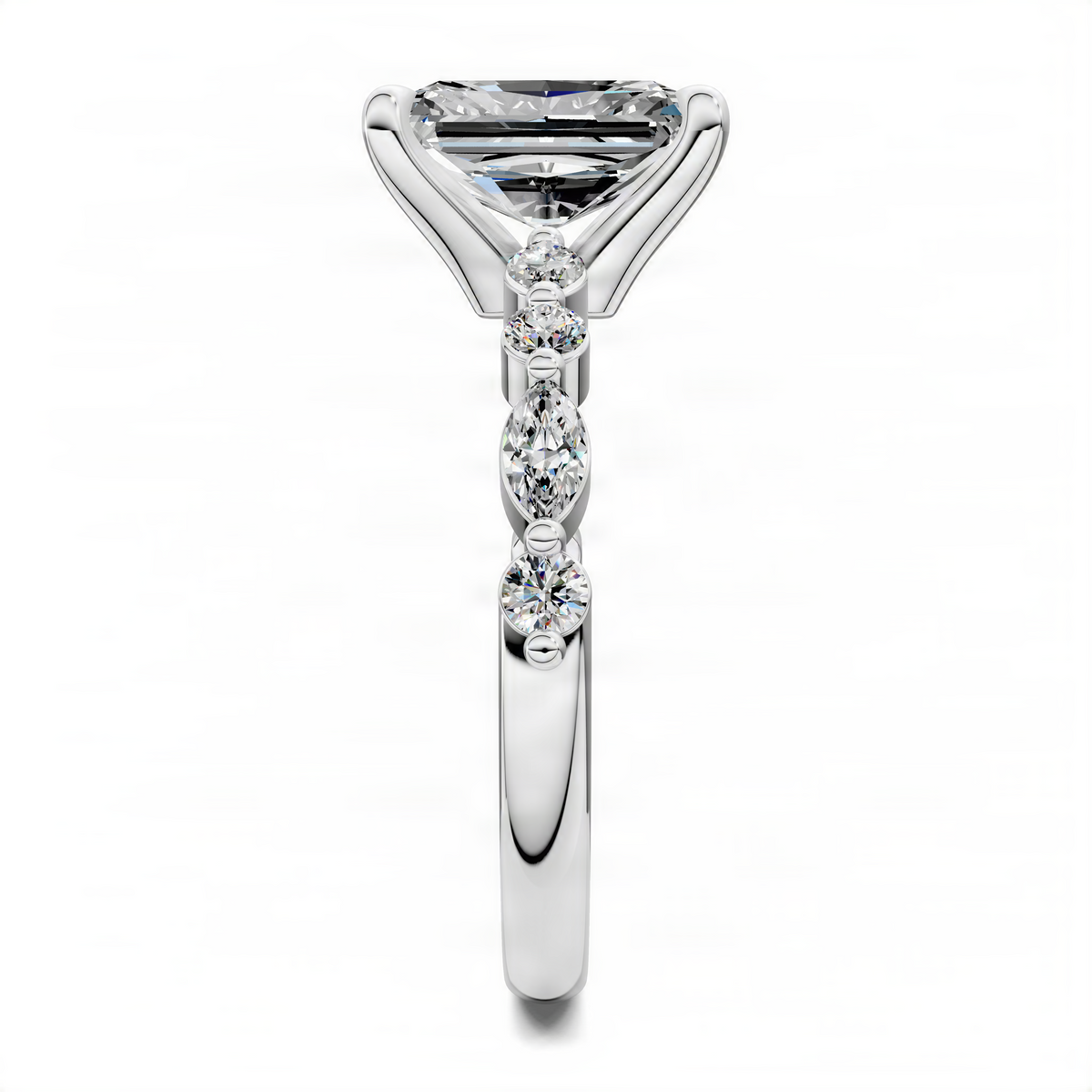 Platinum-tone radiant accent ring with oval center and stacked oval side stones