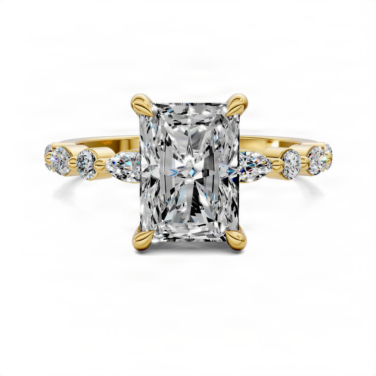Yellow gold-tone radiant accent ring with square-cut center and round side stones