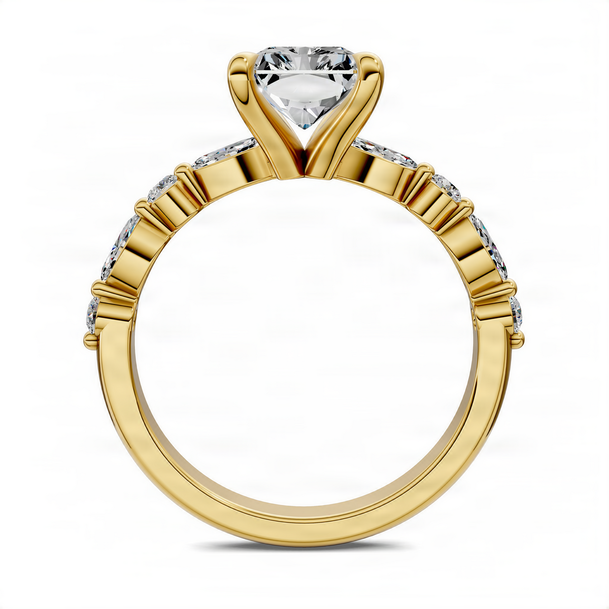 Yellow gold-tone radiant accent ring with oval center and gem-accented band