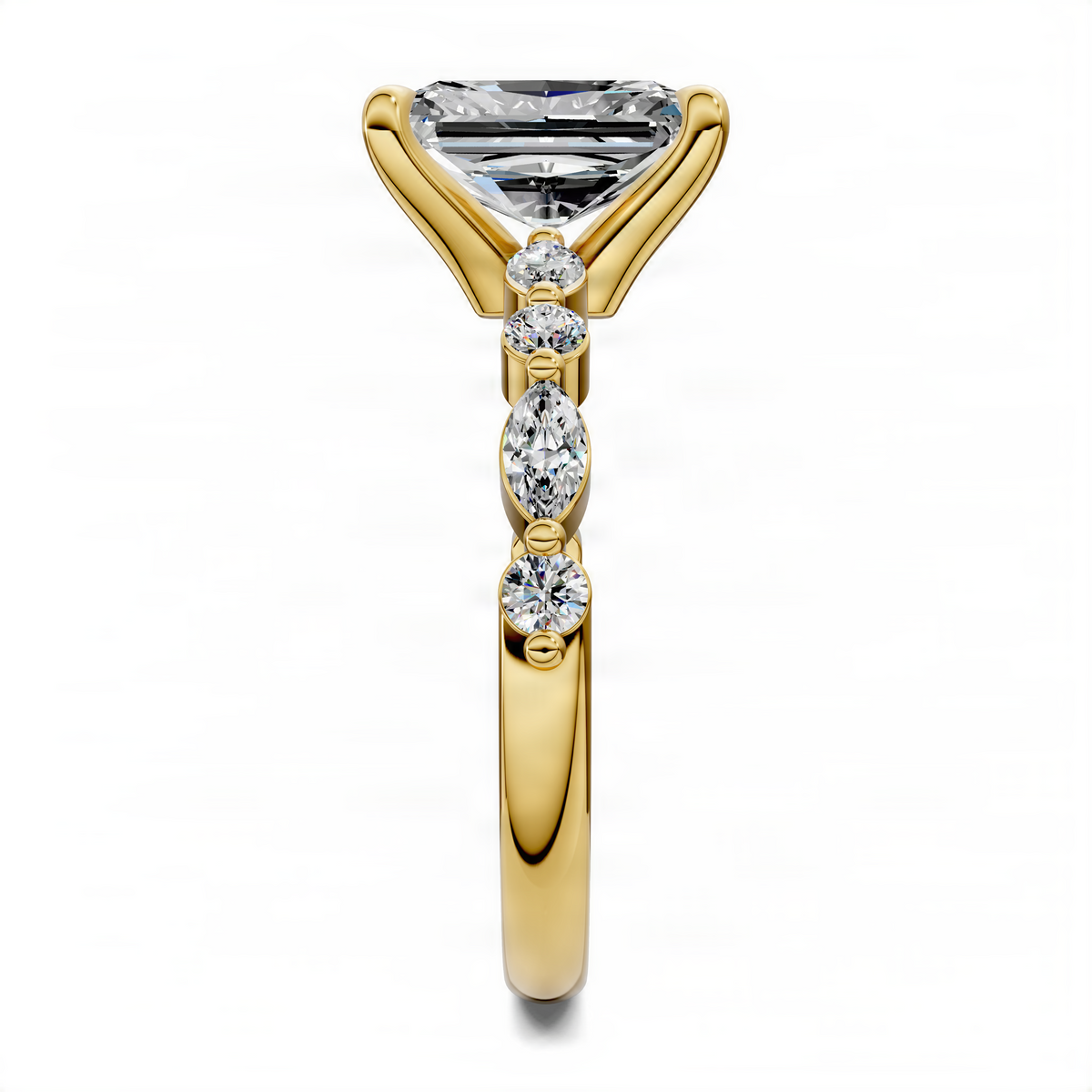 Yellow gold-tone radiant accent ring with oval center and stacked oval side stones