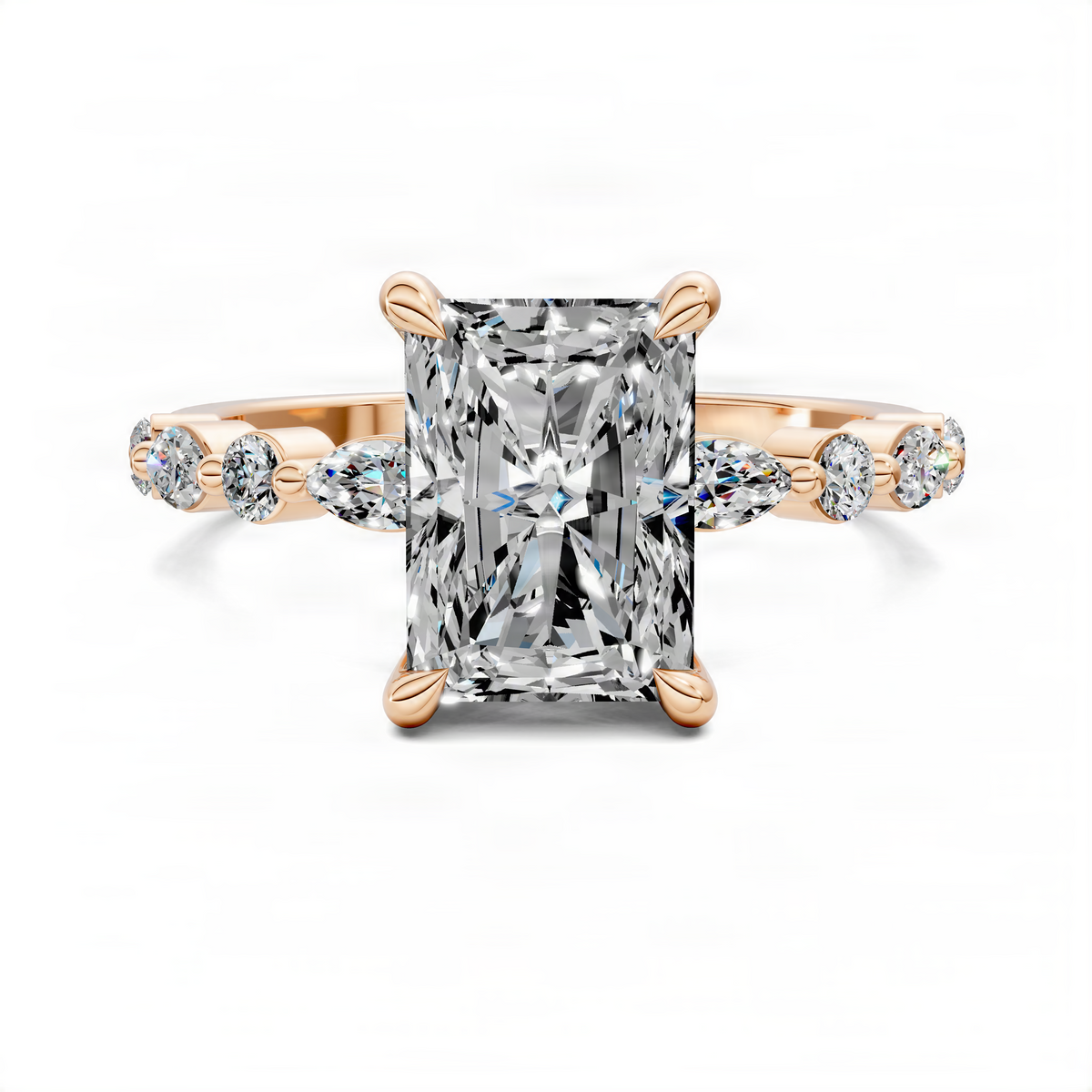 Rose gold radiant-cut diamond accent ring with small round side stones