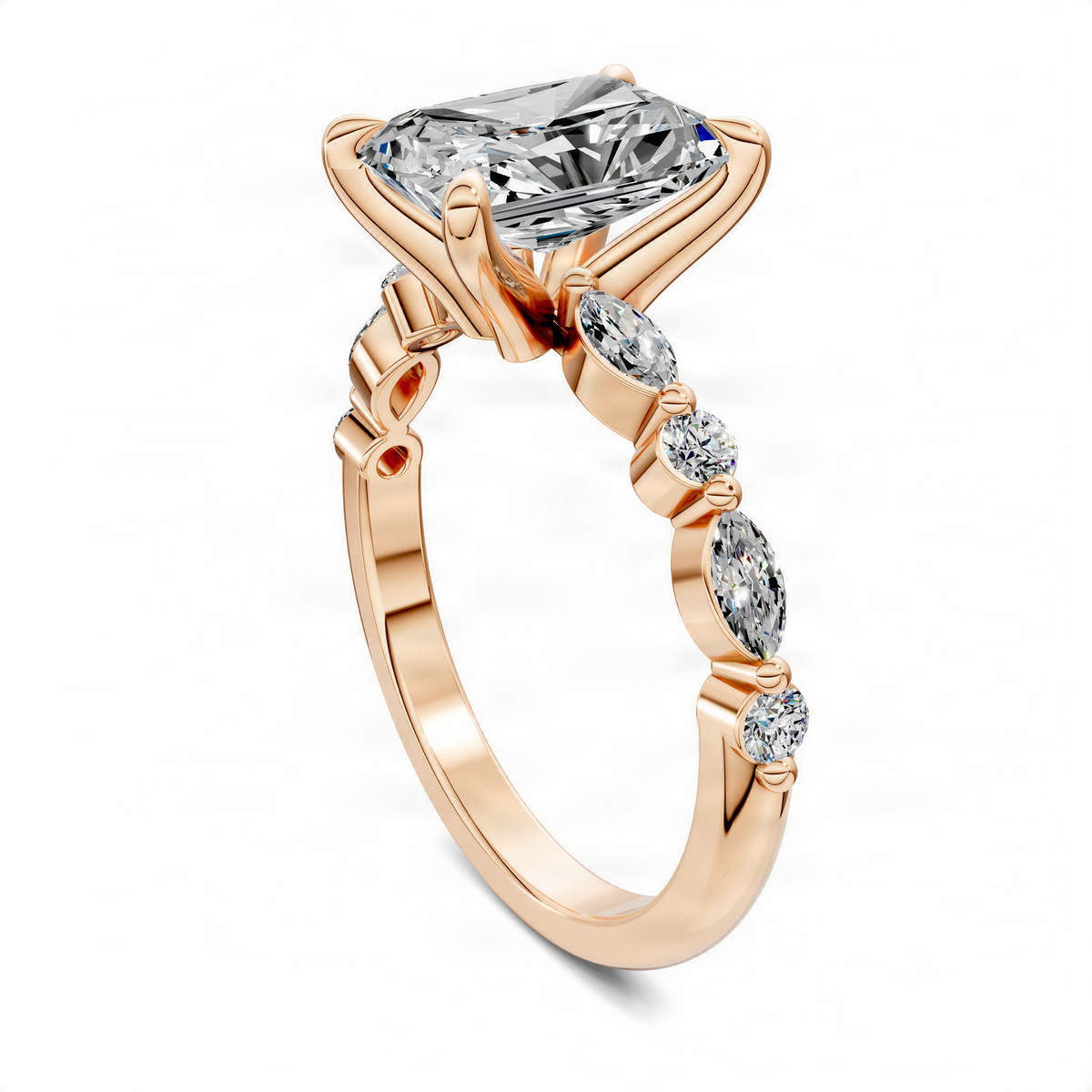 Rose gold-tone radiant accent ring with oval center and bezel-set side diamonds