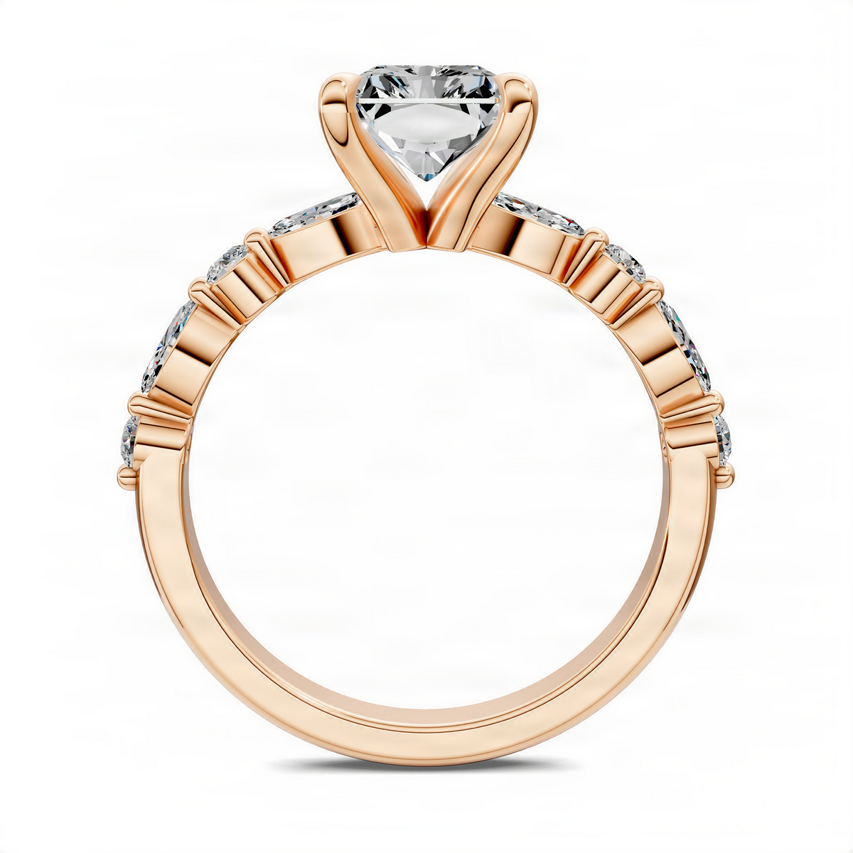 Rose gold-tone radiant accent ring with domed band and small diamond accents