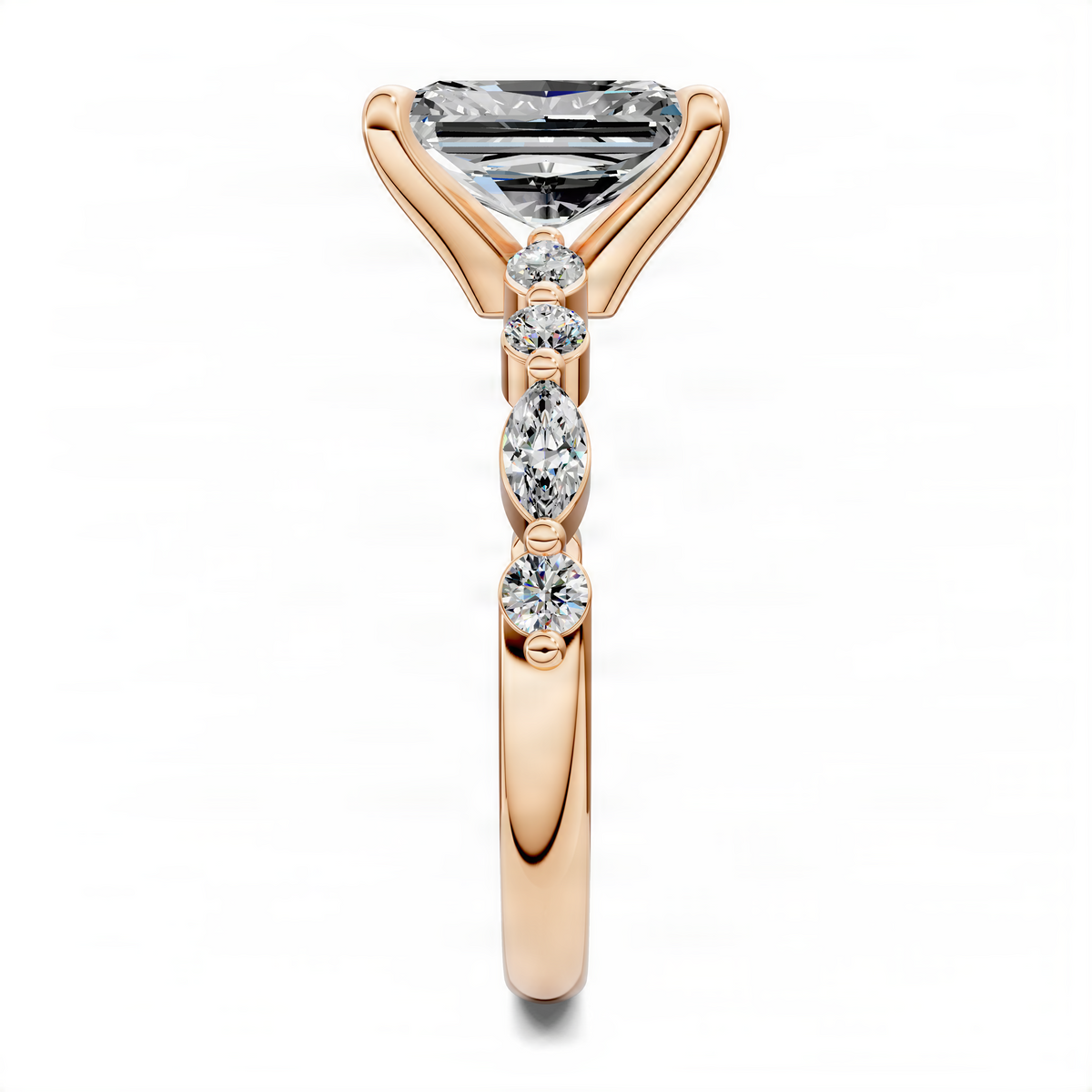 Rose gold radiant-cut diamond ring with three-stone vertical design and round side accents