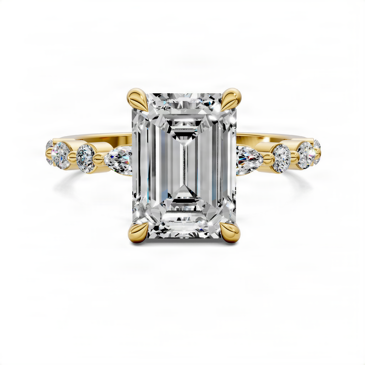 Gold accent ring with large rectangular center stone, halo prongs, and round side stones