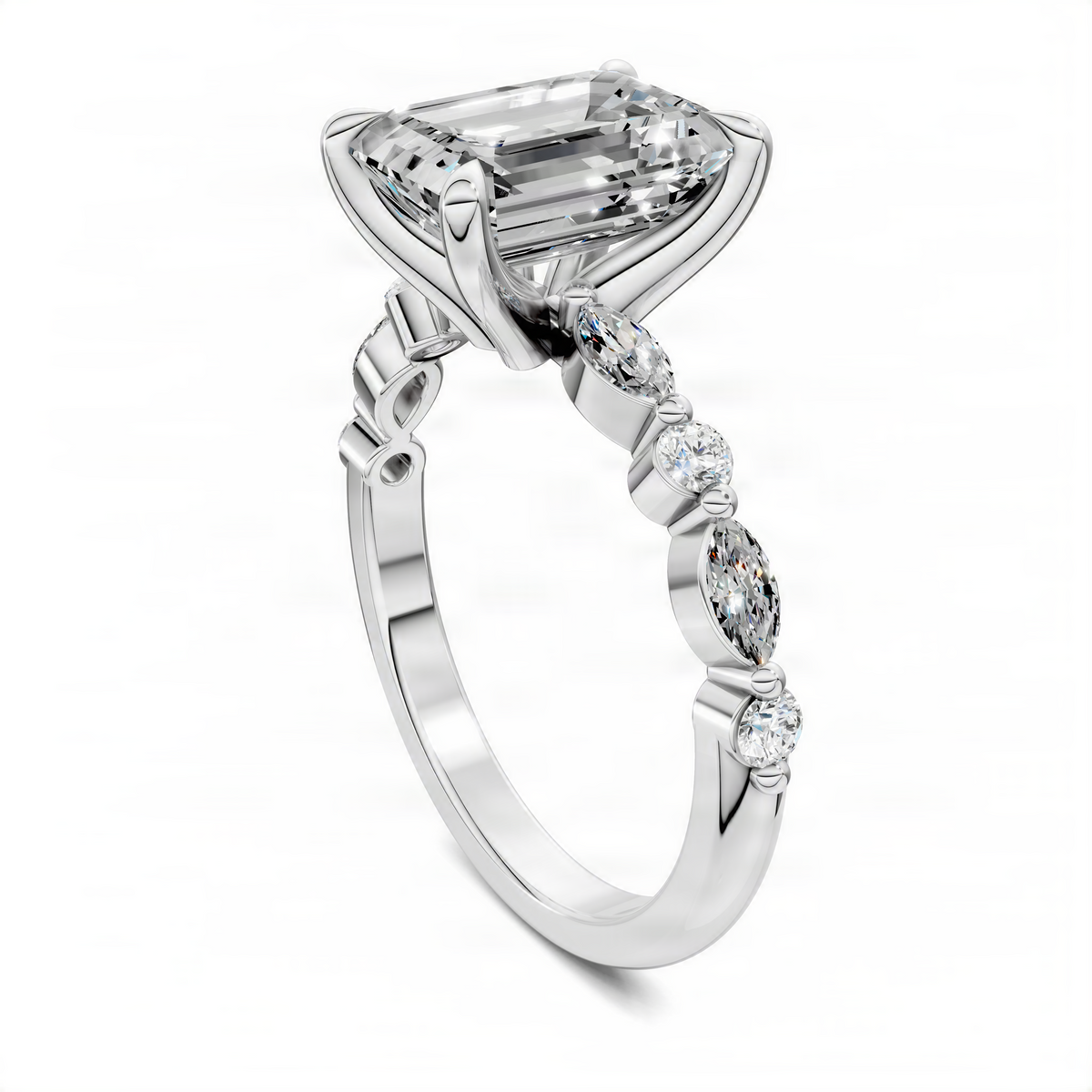 Platinum accent ring with rectangular top stone and round stone row on the band