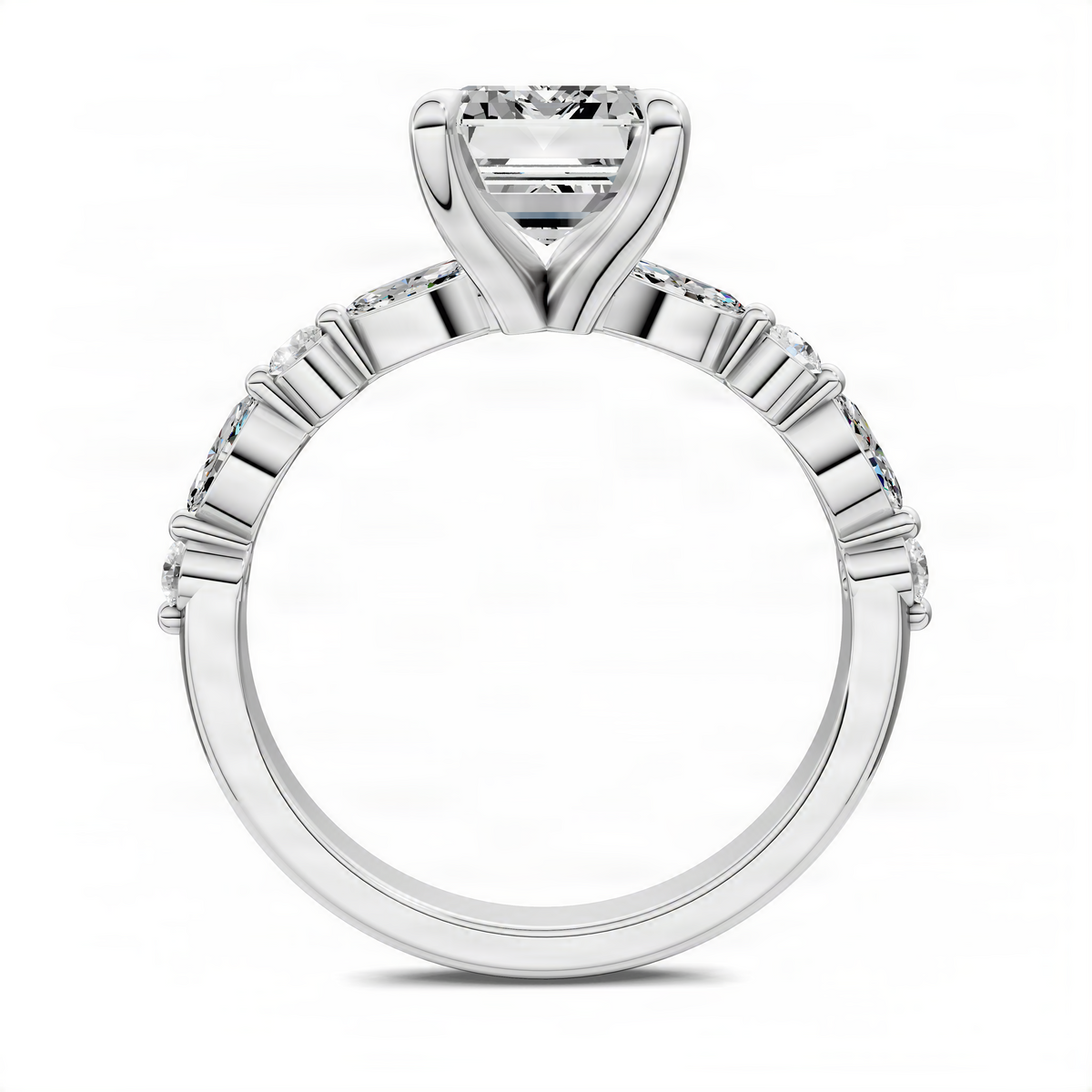 Platinum accent ring with raised rectangular center stone and three round drop stones