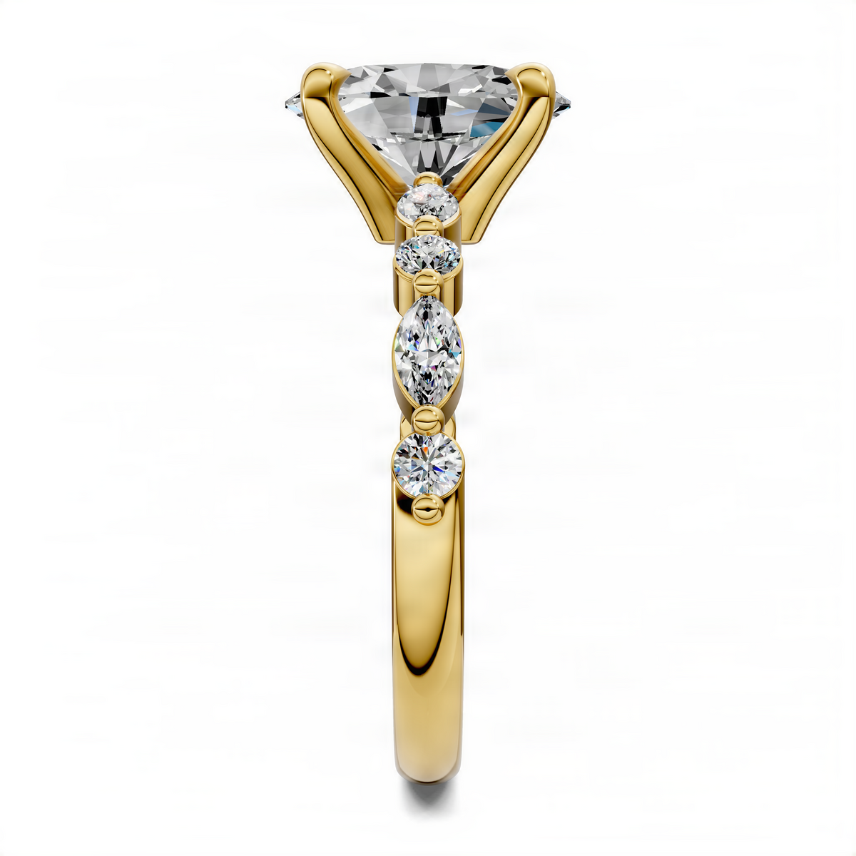 Oval gemstone accent ring in yellow gold with three prong-set sparkling stones