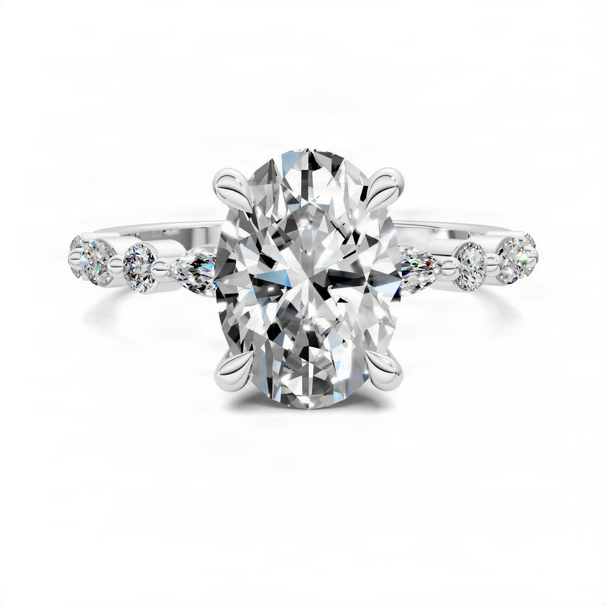 White gold oval diamond accent ring with large center stone and round side stones