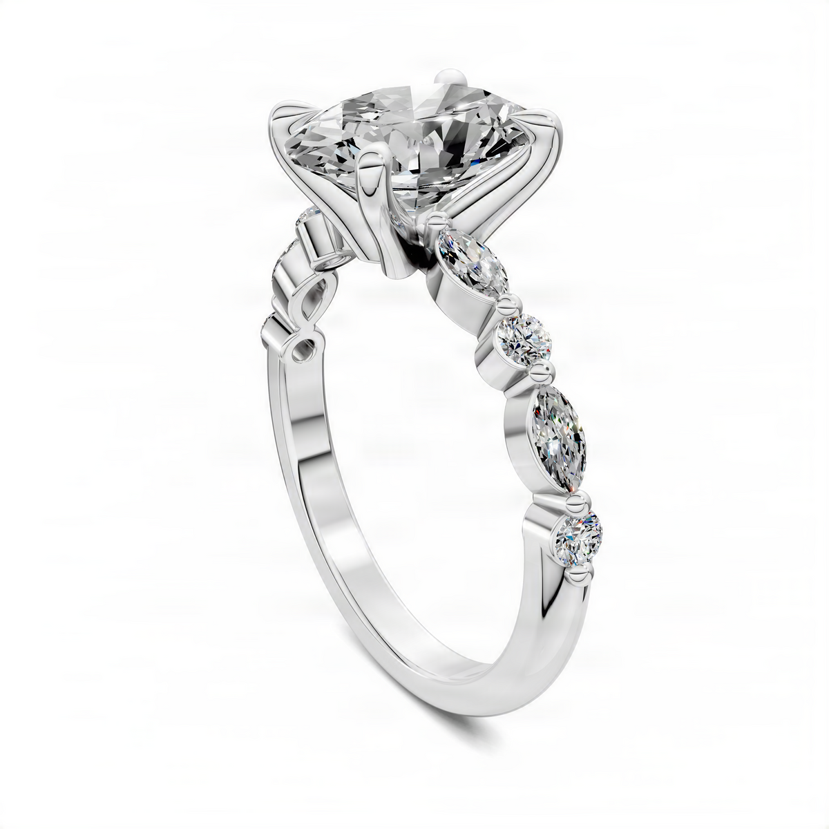 White gold oval diamond ring with large center stone and round side stones, prong setting