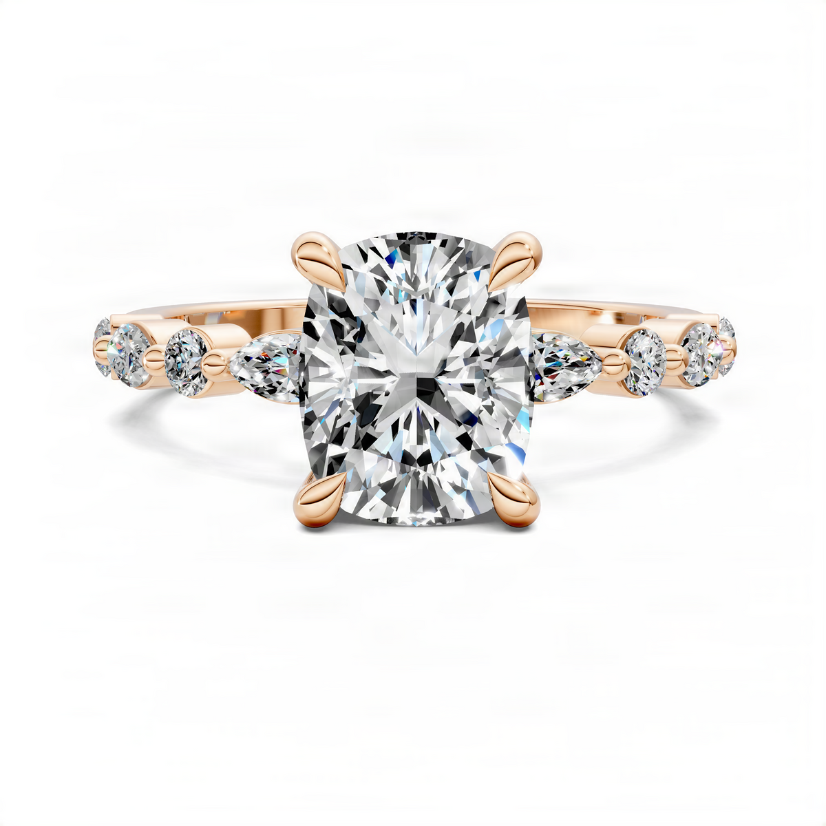 Cushion-cut accent ring with rose gold band, large center stone and diamond side stones