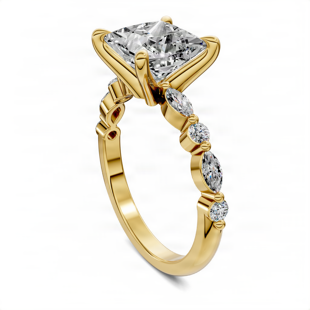 Yellow gold princess-cut accent ring with oval and round diamond-style stones