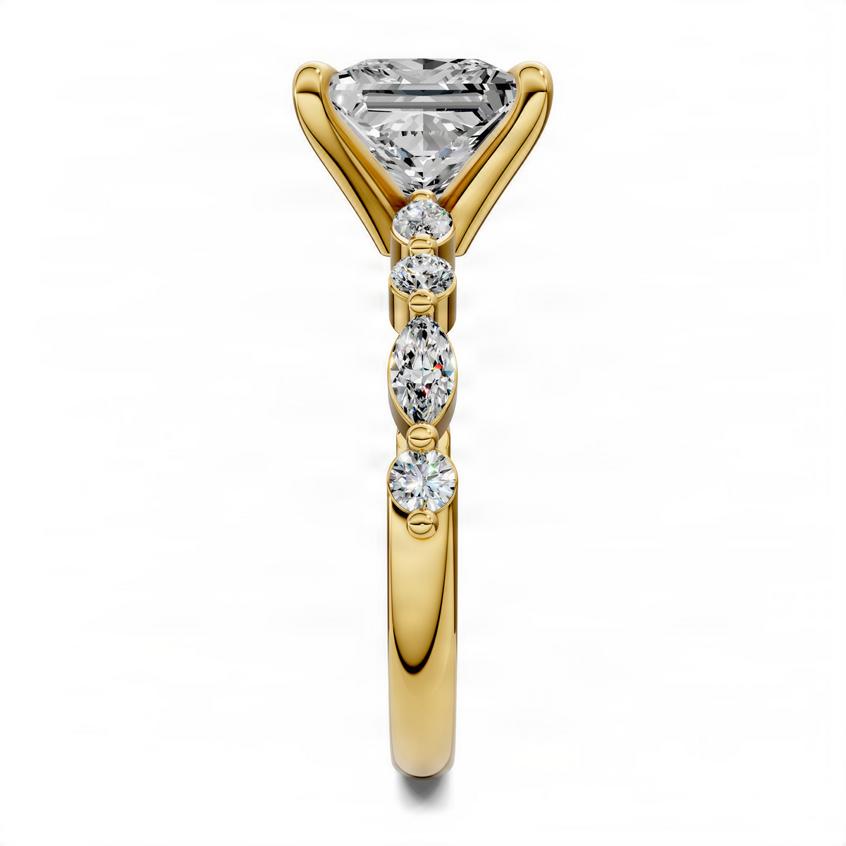 Yellow gold princess-cut accent ring with oval and round diamond-style stones